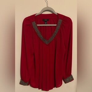 Alfani dark Red Blouse flowy Decorative beaded Trim sz 8 dressy fancy v neck Y2K